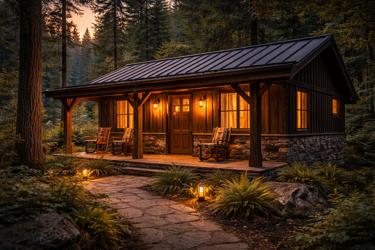 Stonebreaker cabin at dusk