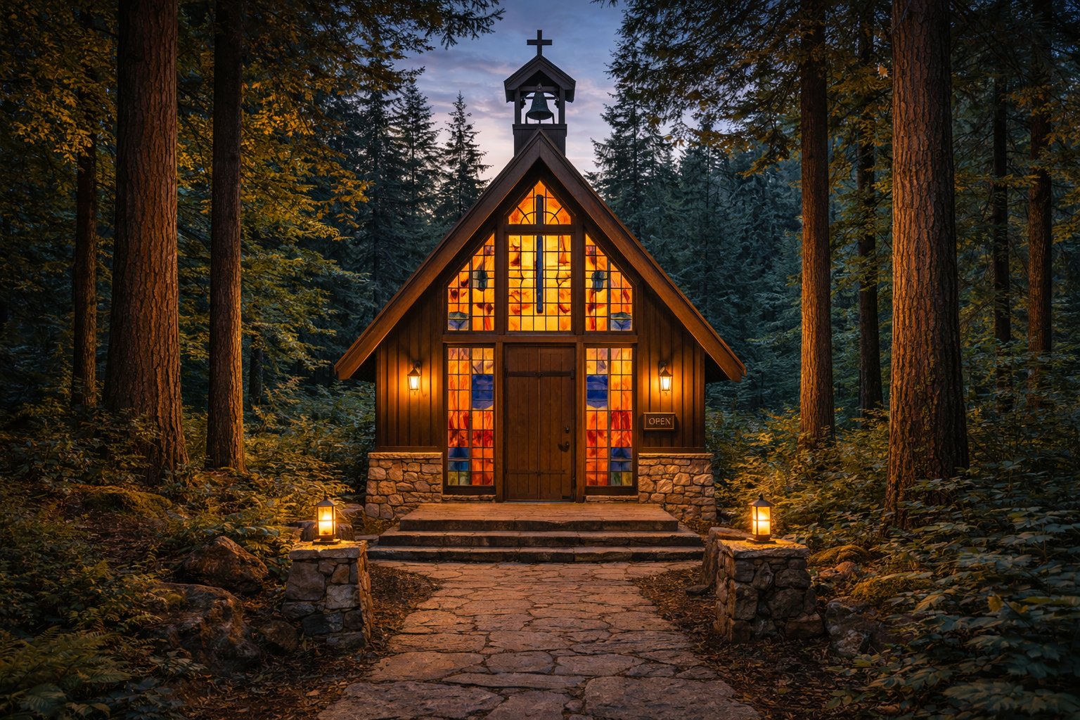 Chapel in the forest at dusk — stained glass glowing