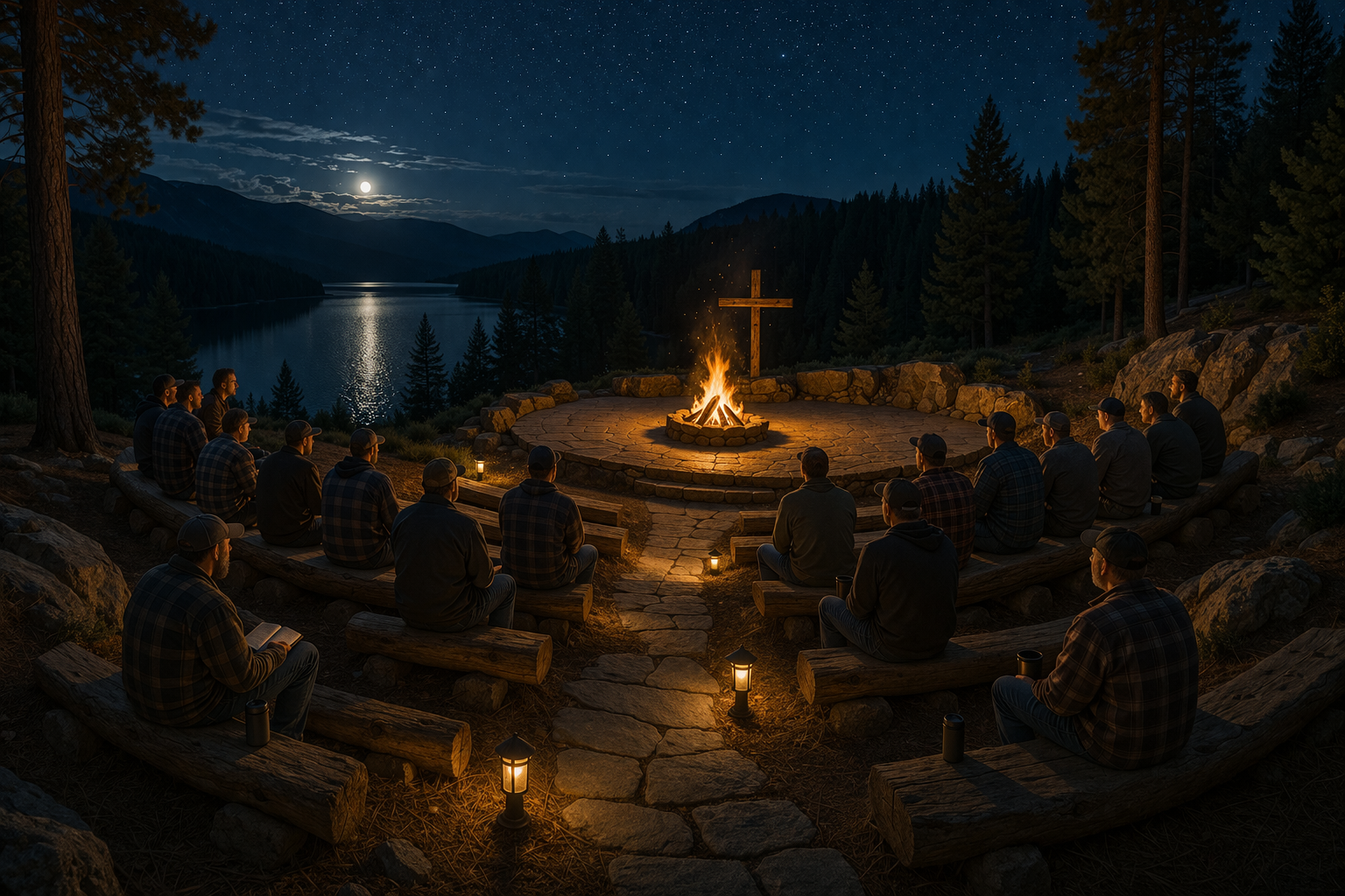 The Cross station — men at amphitheater with cross and fire