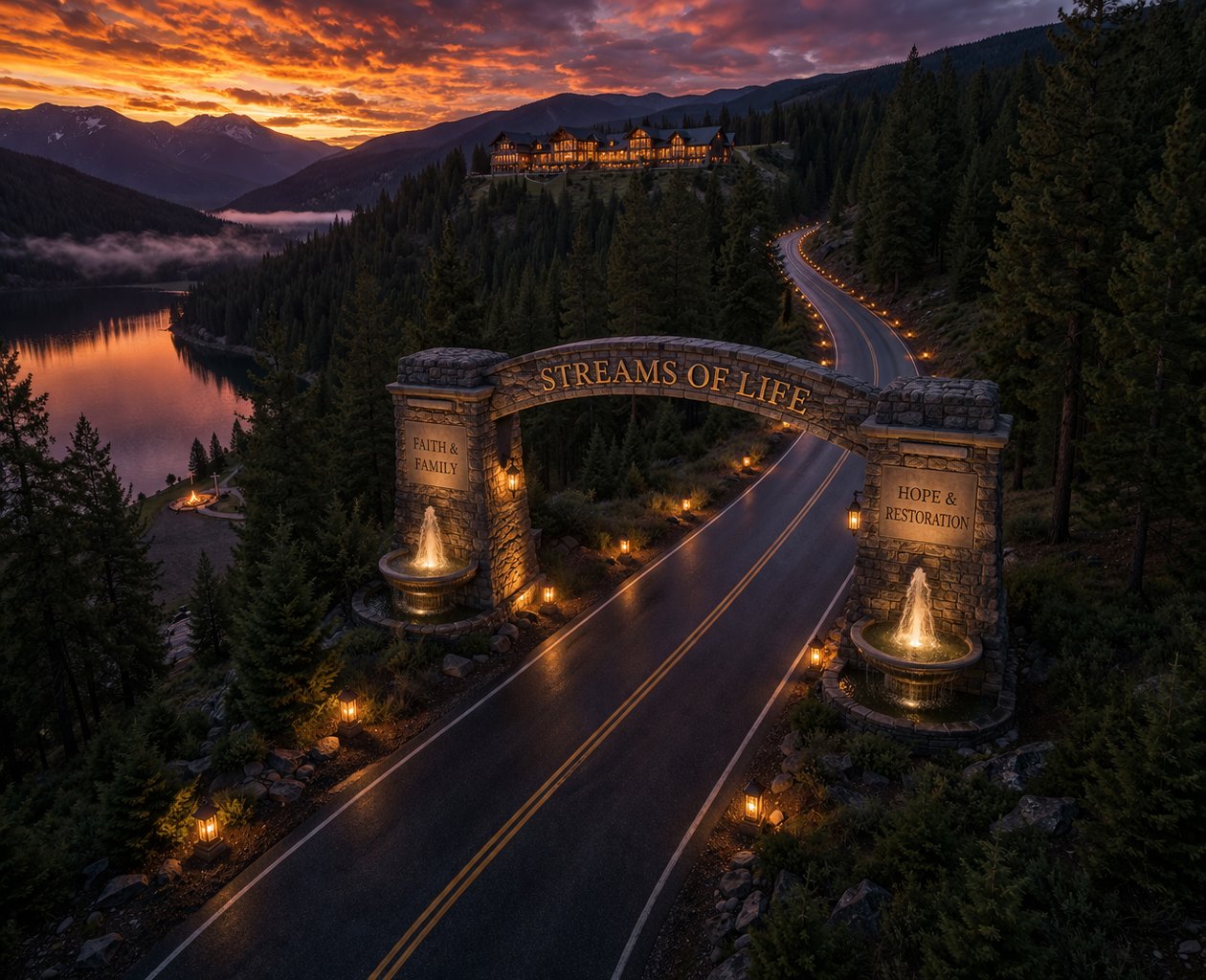 Streams of Life entrance gate at sunset