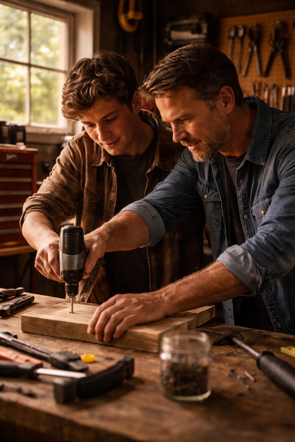 Father and son in workshop