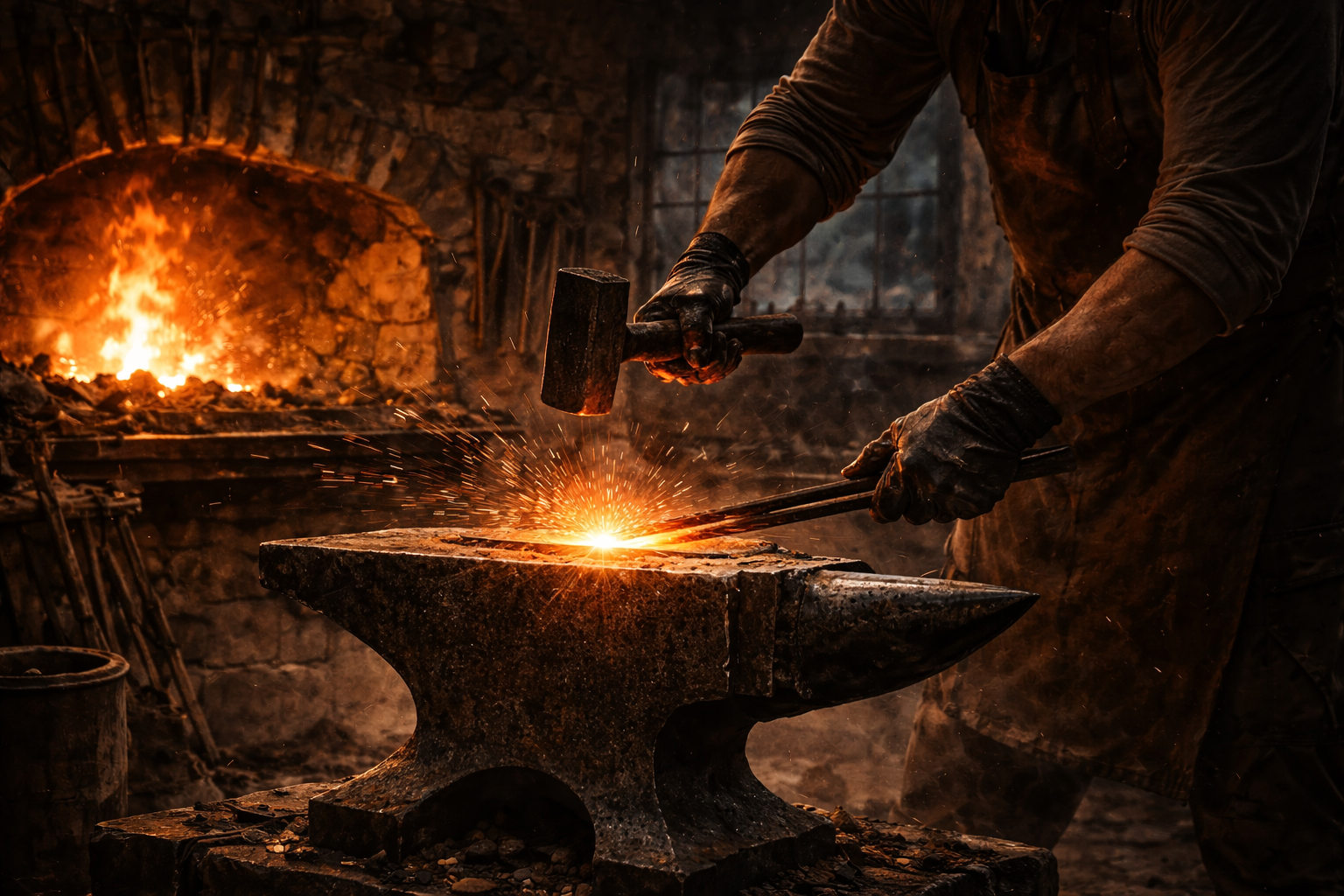 The Forge — hammer on anvil, sparks, stone hearth