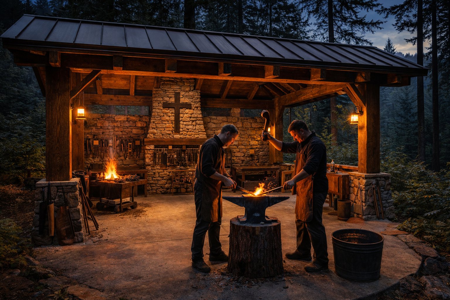 The Forge station — men at anvil with cross