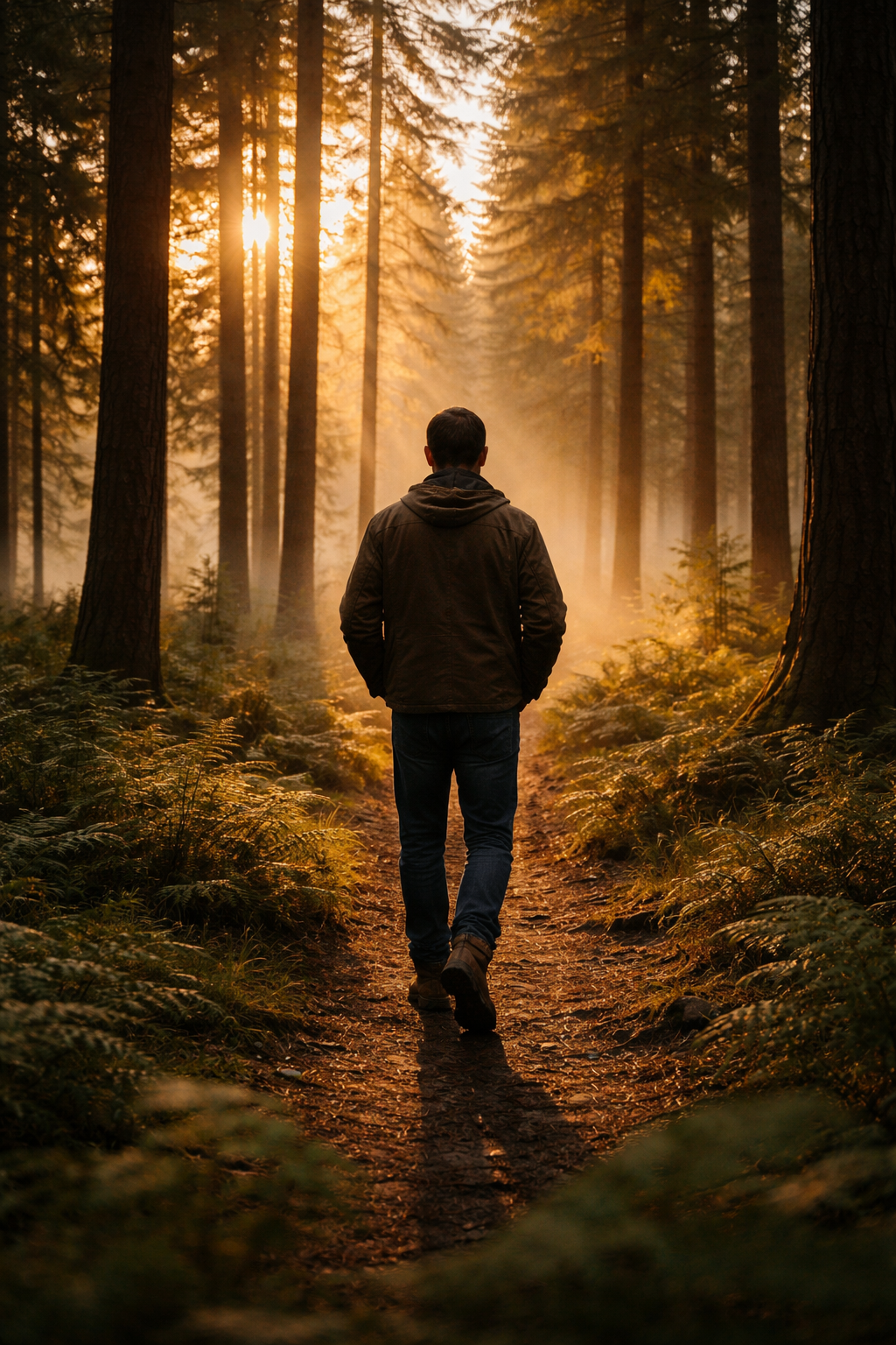Man walking forest path toward light