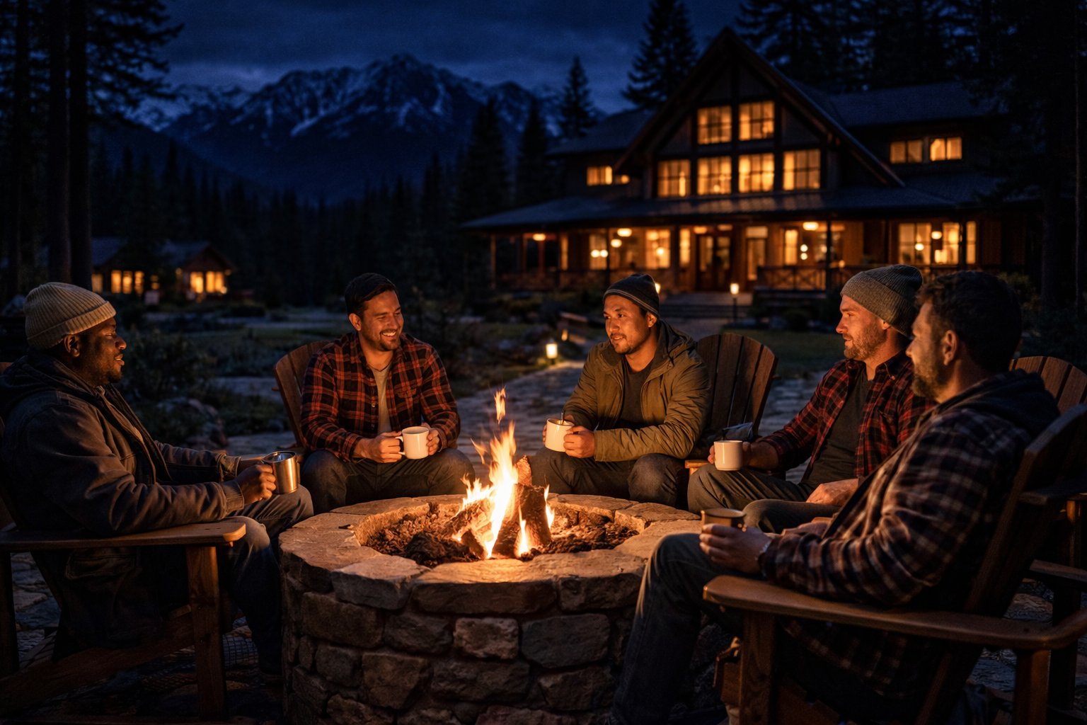Men at campfire outside cabin at night