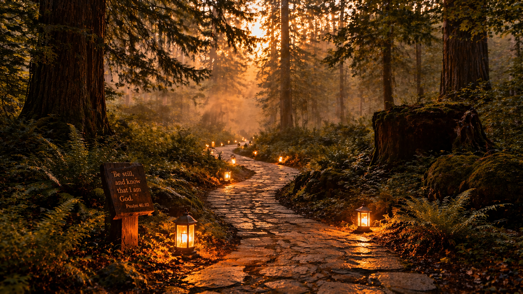 Prayer trail — man walking toward scripture marker at dawn