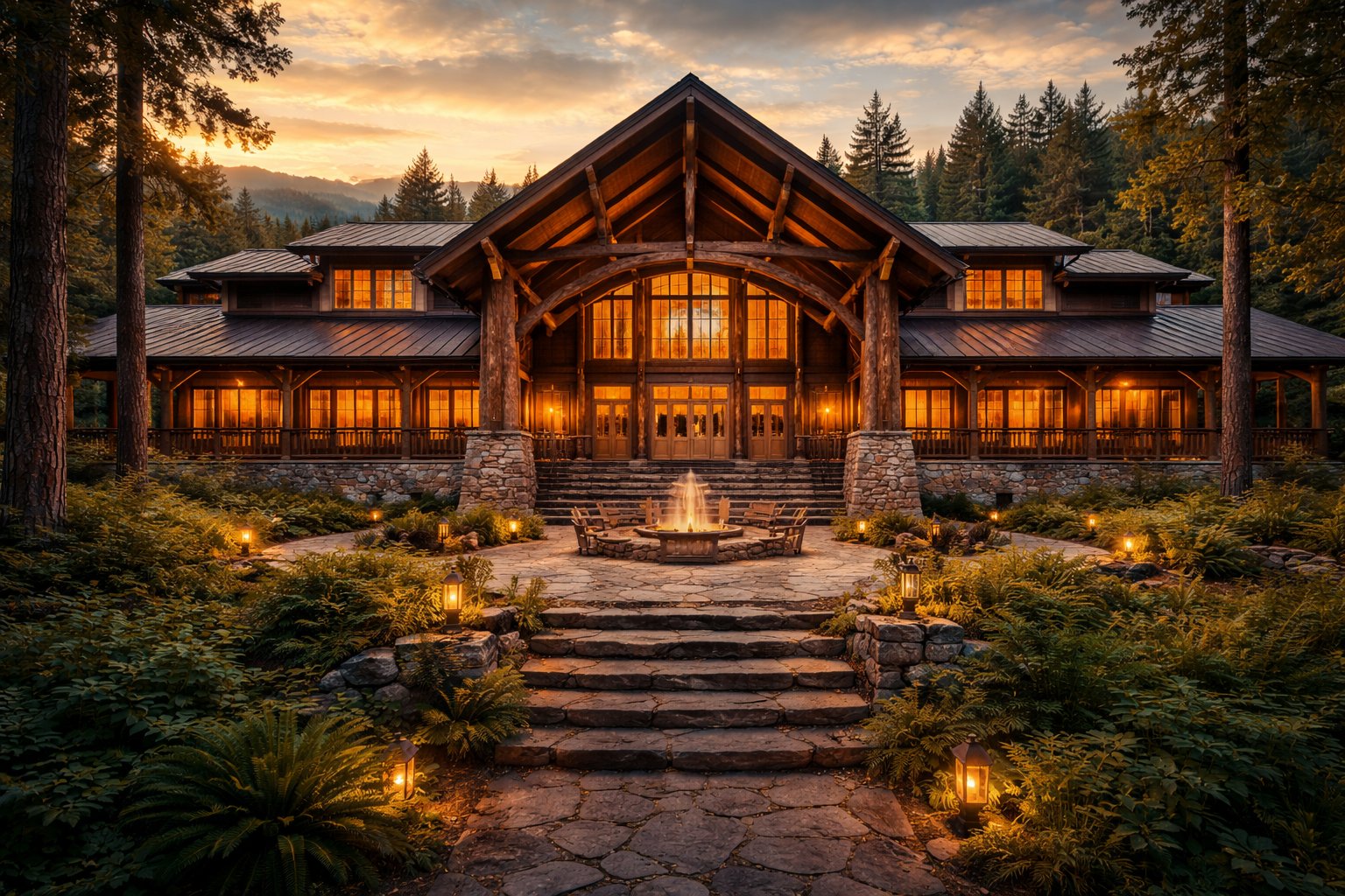 Trinity Lodge exterior at sunset