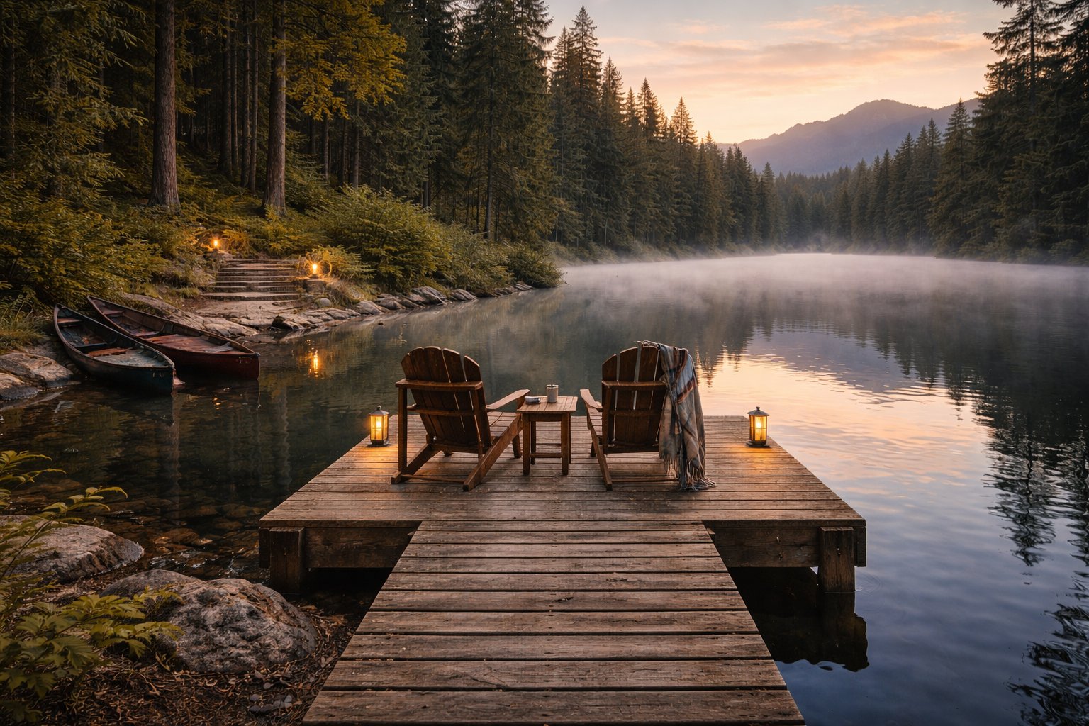The Water's Edge station — two chairs on dock at dawn
